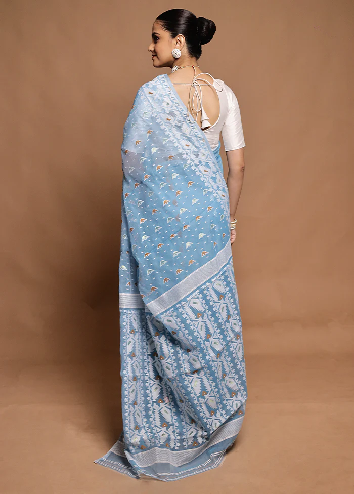 Blue Tant Jamdani Saree Without Blouse Piece - Image 3