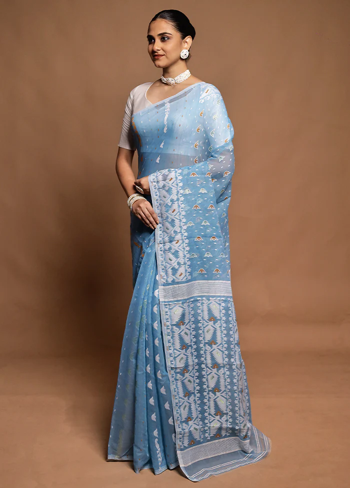 Blue Tant Jamdani Saree Without Blouse Piece - Image 4