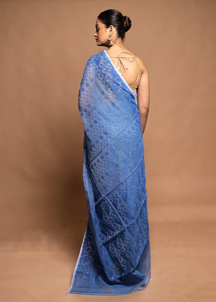Blue Tant Jamdani Saree Without Blouse Piece - Image 3