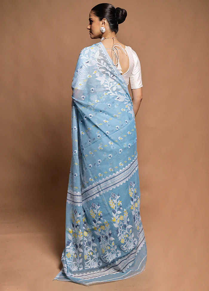 Blue Tant Jamdani Saree Without Blouse Piece - Image 3