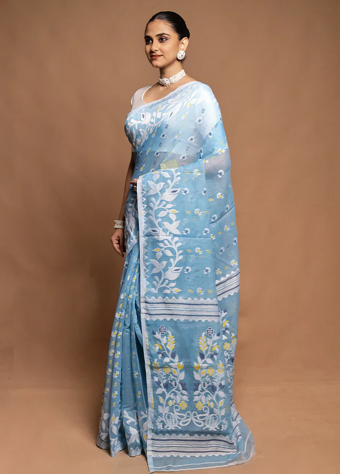 Blue Tant Jamdani Saree Without Blouse Piece - Image 4