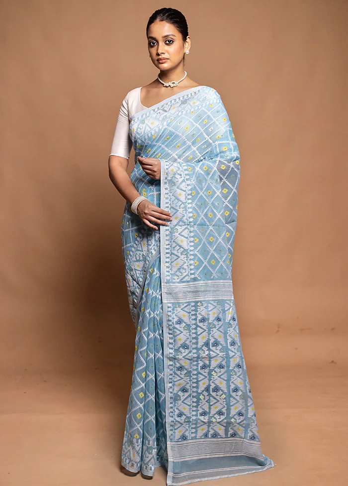 Blue Tant Jamdani Saree Without Blouse Piece