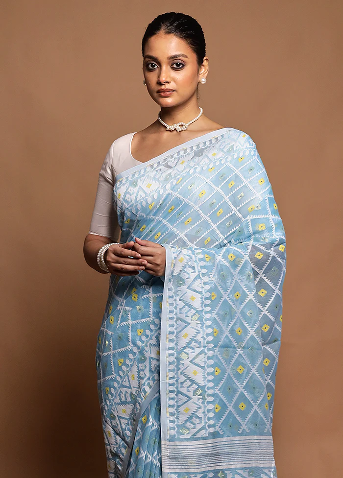 Blue Tant Jamdani Saree Without Blouse Piece - Image 2