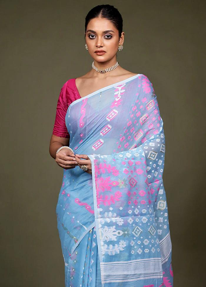 Blue Tant Jamdani Saree Without Blouse Piece