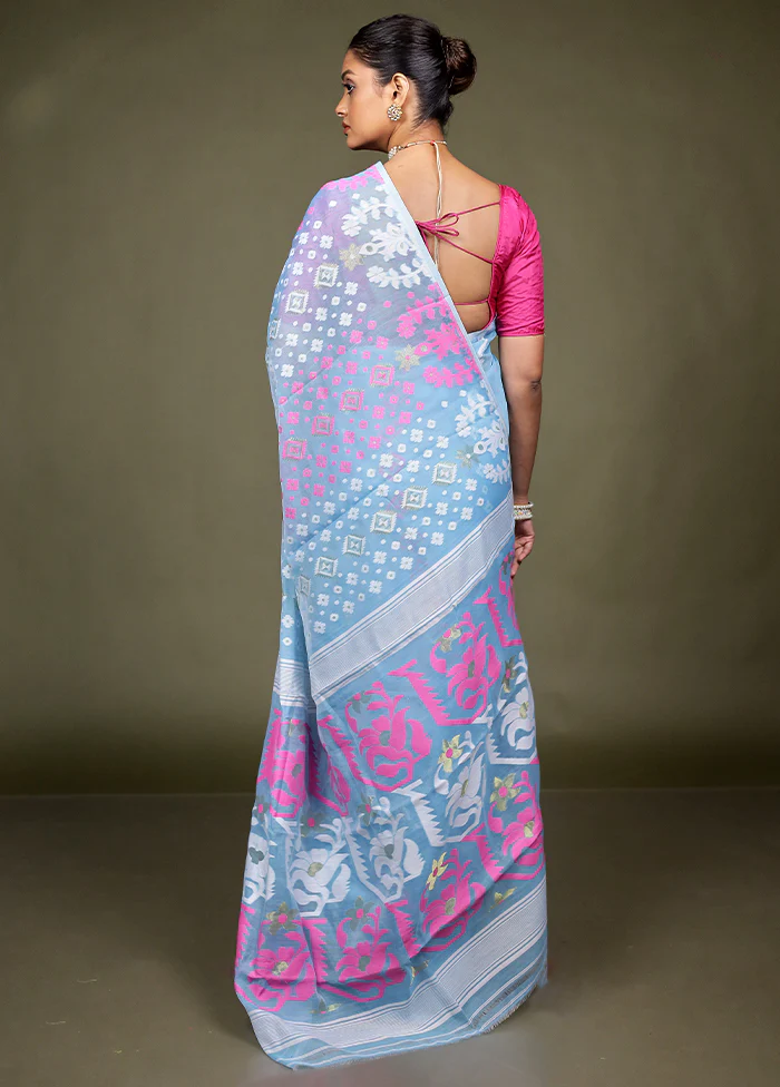 Blue Tant Jamdani Saree Without Blouse Piece - Image 3