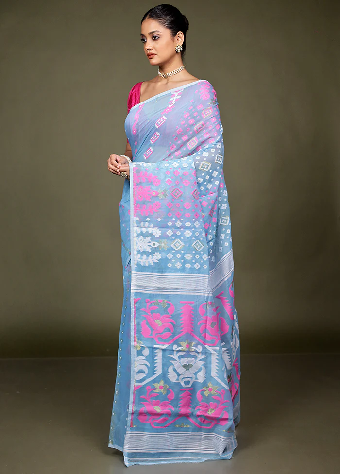 Blue Tant Jamdani Saree Without Blouse Piece - Image 4