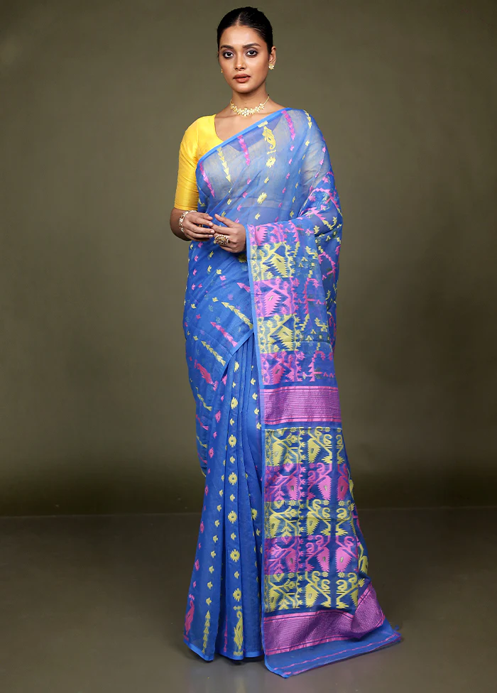 Blue Tant Jamdani Saree Without Blouse Piece - Image 2