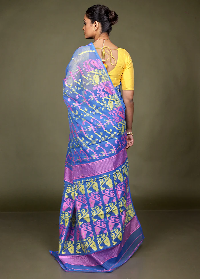 Blue Tant Jamdani Saree Without Blouse Piece - Image 3