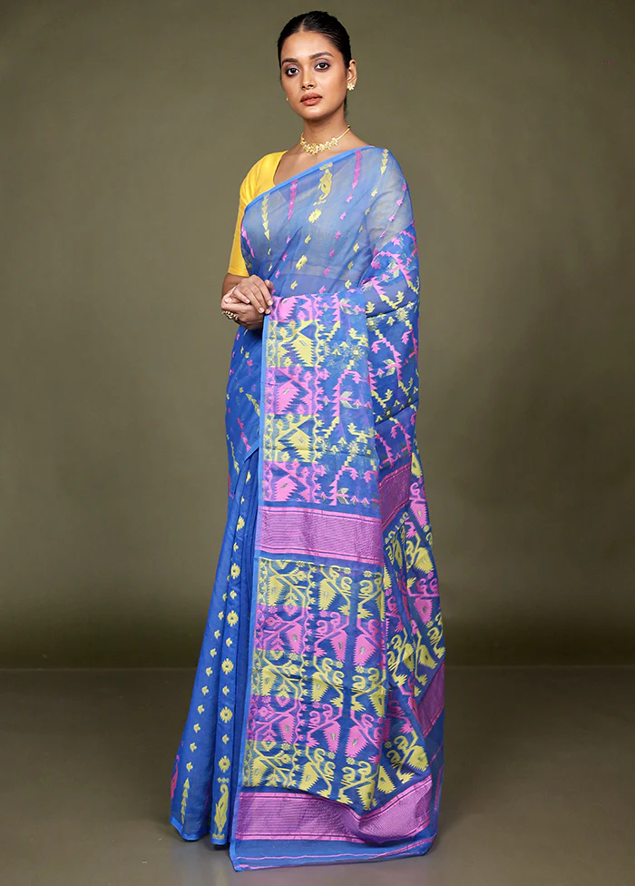 Blue Tant Jamdani Saree Without Blouse Piece - Image 4