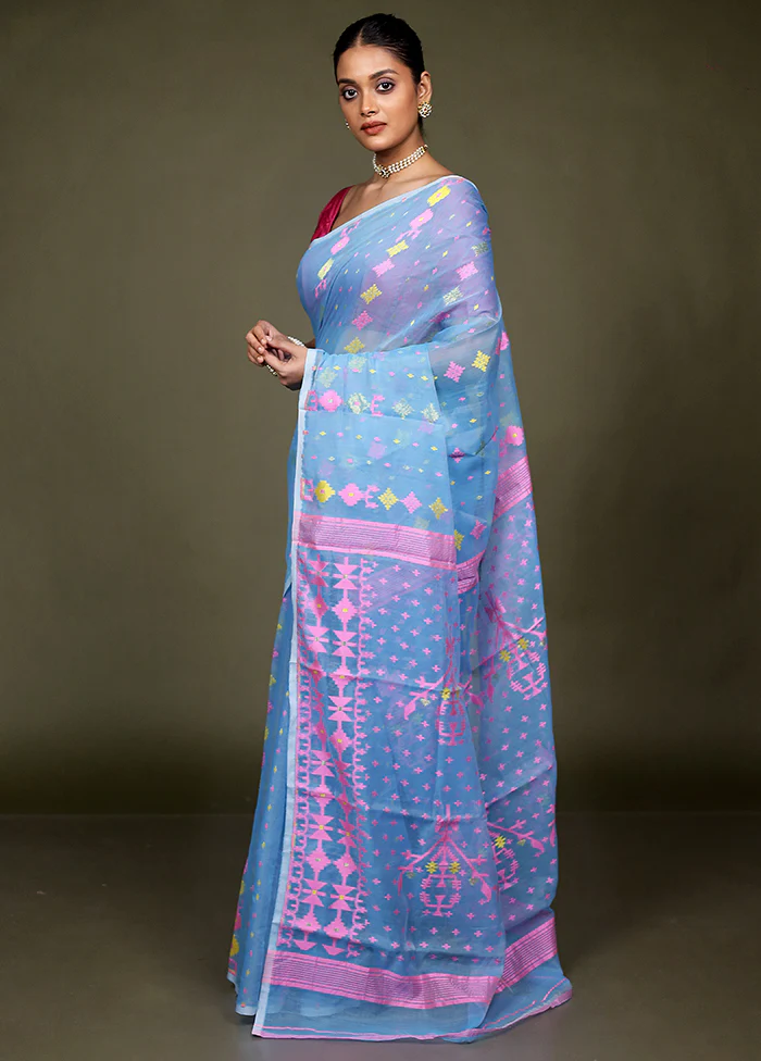 Blue Tant Jamdani Saree Without Blouse Piece - Image 4