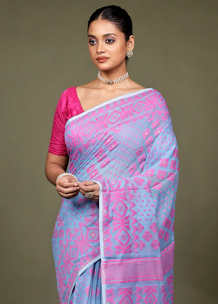 Blue Tant Jamdani Saree Without Blouse Piece - Image 2