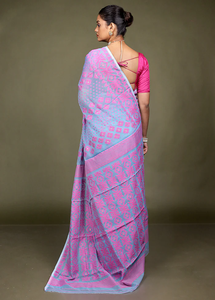 Blue Tant Jamdani Saree Without Blouse Piece - Image 3