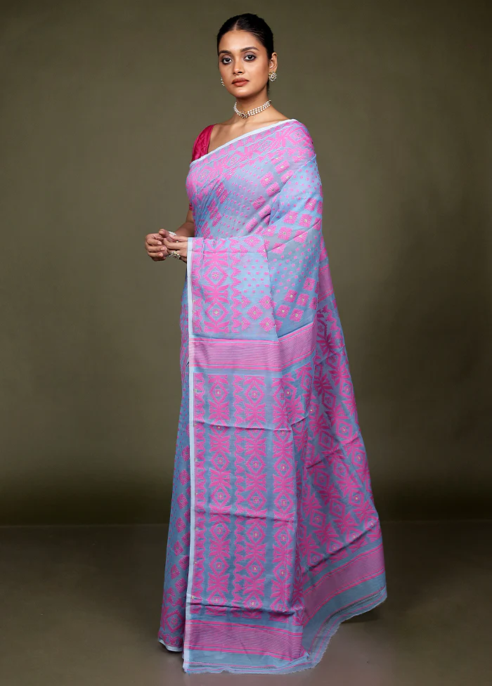 Blue Tant Jamdani Saree Without Blouse Piece - Image 4