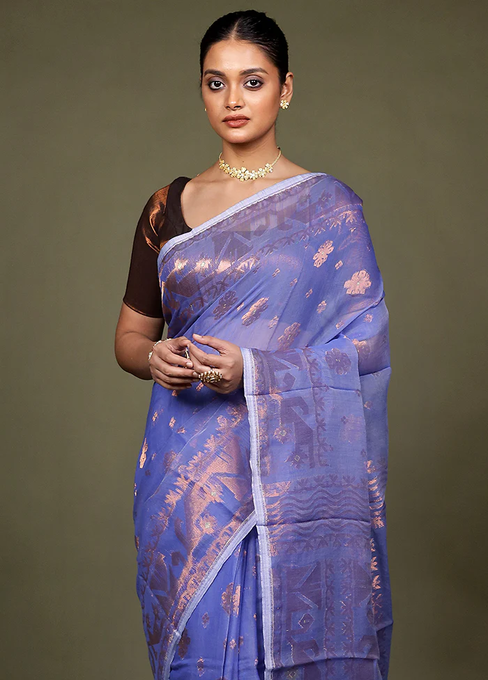 Blue Tant Jamdani Saree Without Blouse Piece - Image 2