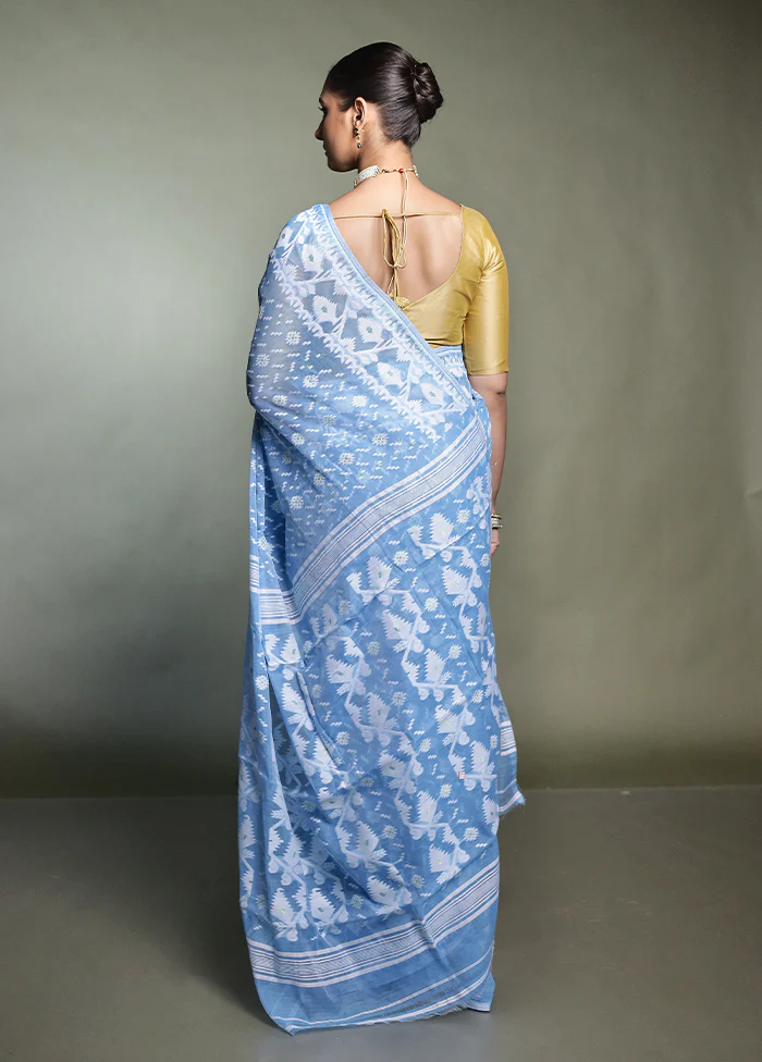 Blue Tant Jamdani Saree Without Blouse Piece - Image 3