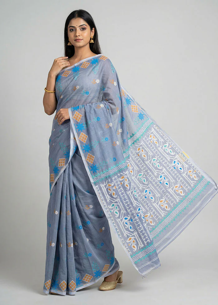 Blue Jamdani Cotton Saree Without Blouse Piece