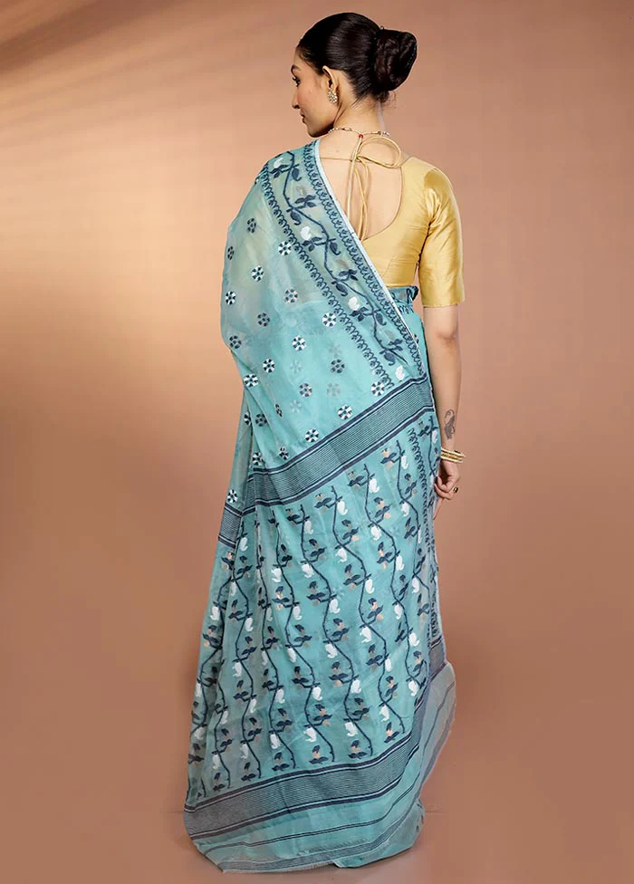 Blue Tant Jamdani Saree Without Blouse Piece - Image 3