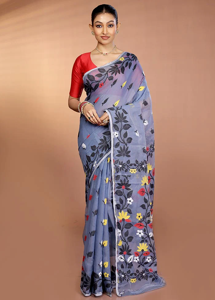 Blue Tant Jamdani Saree Without Blouse Piece - Image 2