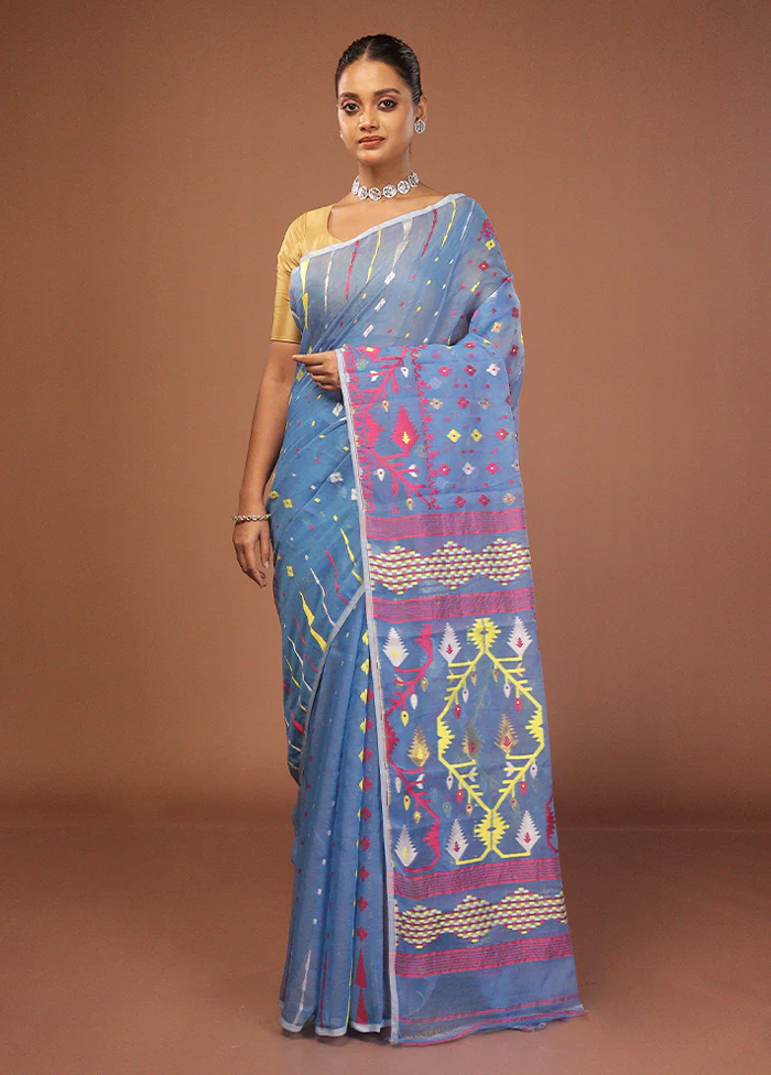 Blue Jamdani Cotton Saree Without Blouse Piece - Image 2
