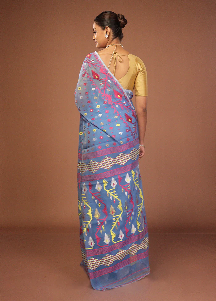 Blue Jamdani Cotton Saree Without Blouse Piece - Image 3