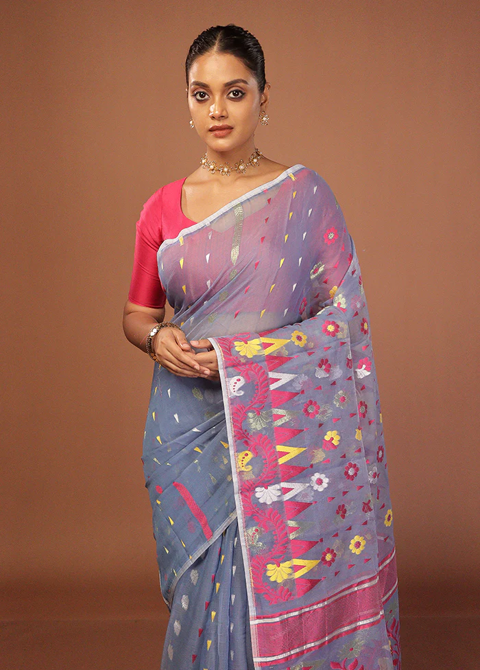 Blue Jamdani Cotton Saree Without Blouse Piece
