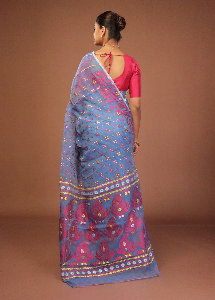 Blue Jamdani Cotton Saree Without Blouse Piece - Image 3