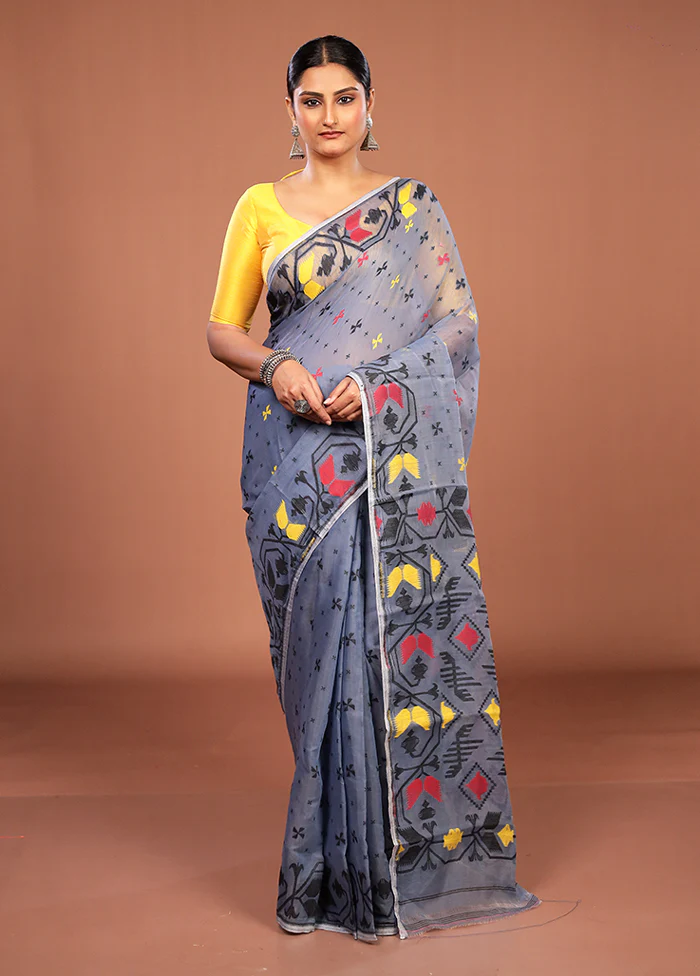 Blue Jamdani Cotton Saree Without Blouse Piece - Image 2