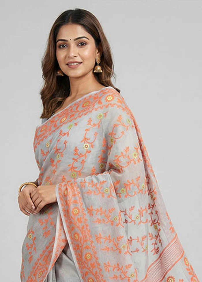 Blue Jamdani Cotton Saree Without Blouse Piece - Image 2
