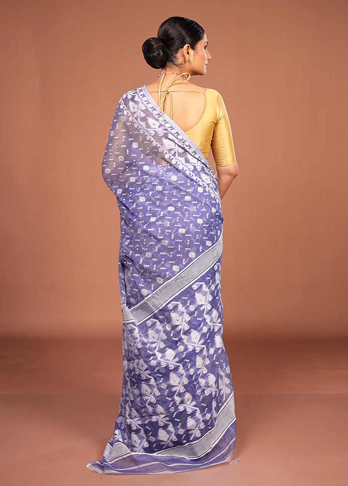 Blue Jamdani Cotton Saree Without Blouse Piece - Image 3