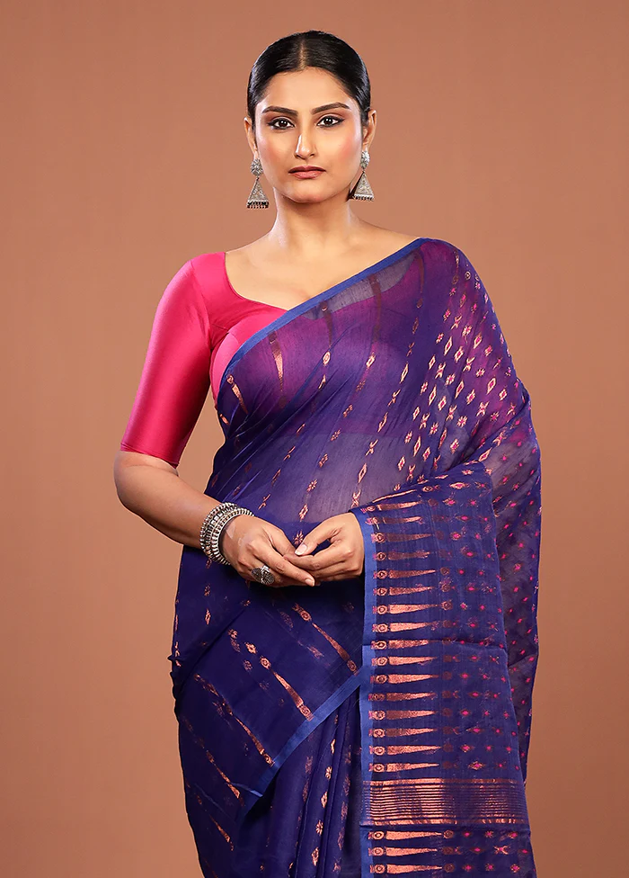 Blue Jamdani Cotton Saree Without Blouse Piece