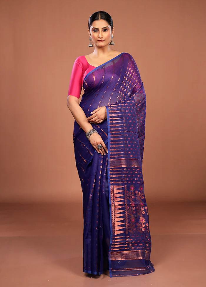 Blue Jamdani Cotton Saree Without Blouse Piece - Image 2
