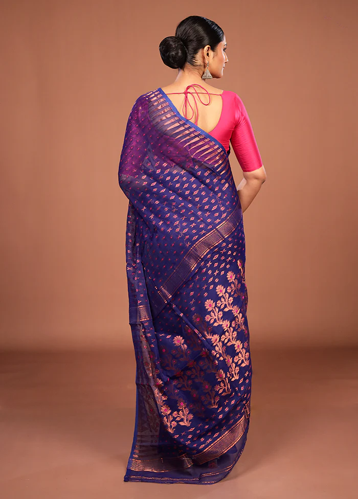 Blue Jamdani Cotton Saree Without Blouse Piece - Image 3