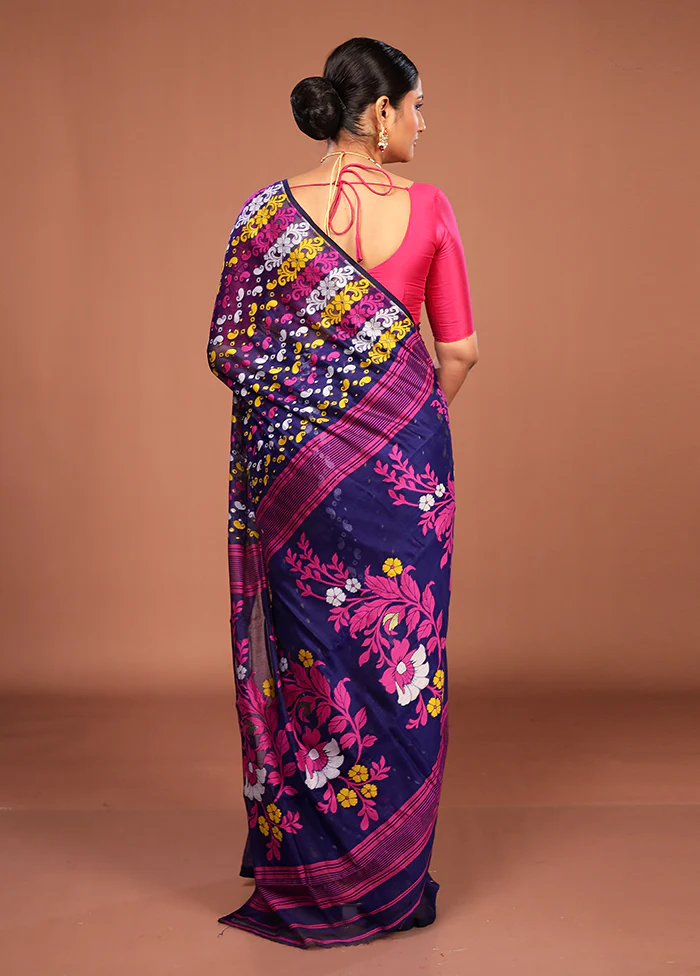 Blue Jamdani Cotton Saree Without Blouse Piece - Image 3