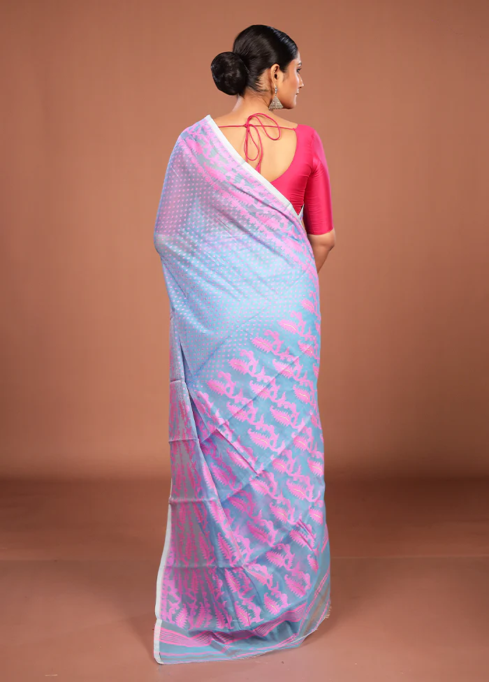Blue Jamdani Cotton Saree Without Blouse Piece - Image 3