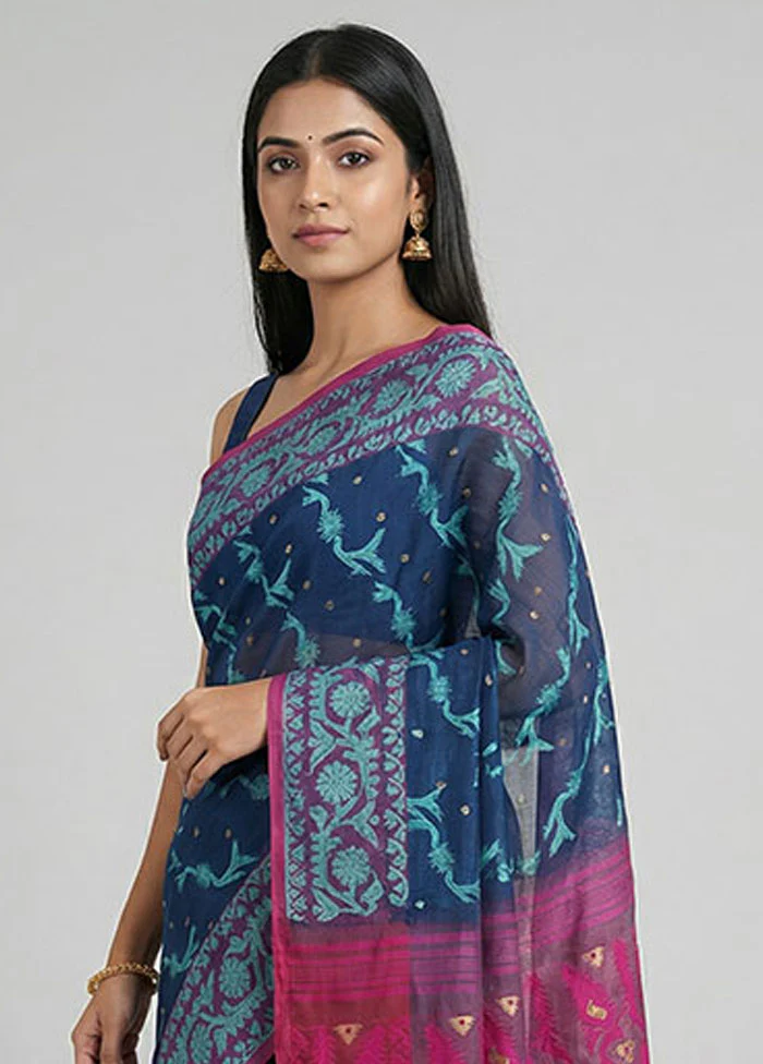 Blue Jamdani Cotton Saree Without Blouse Piece - Image 2