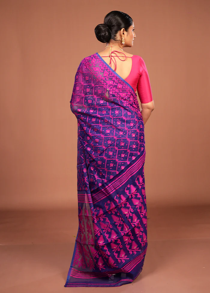Blue Jamdani Cotton Saree Without Blouse Piece - Image 3