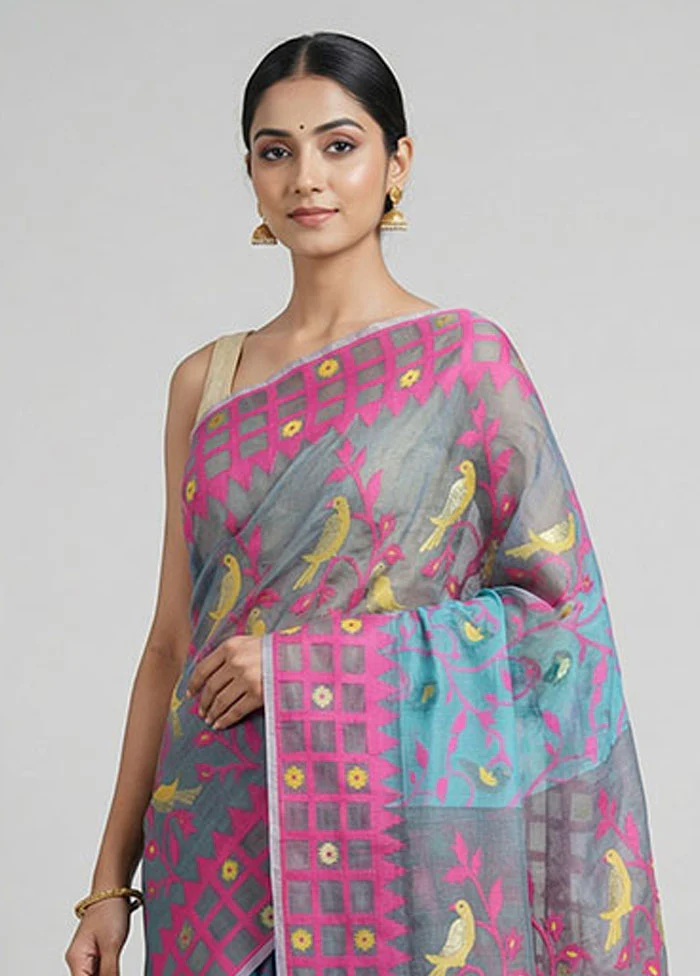 Blue Jamdani Cotton Saree Without Blouse Piece - Image 2