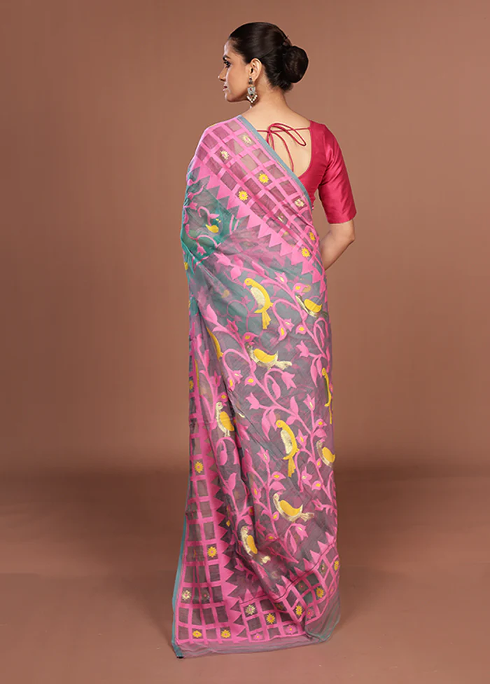 Green Jamdani Cotton Saree Without Blouse Piece - Image 3