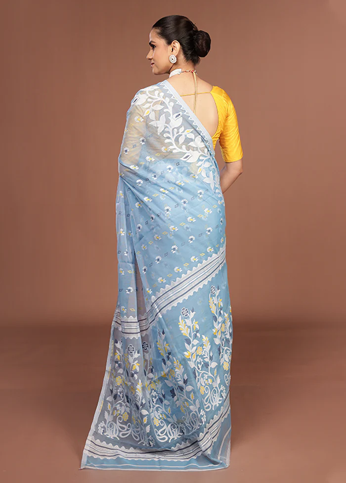 Blue Jamdani Cotton Saree Without Blouse Piece - Image 3