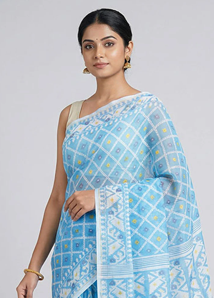 Blue Jamdani Cotton Saree Without Blouse Piece - Image 2