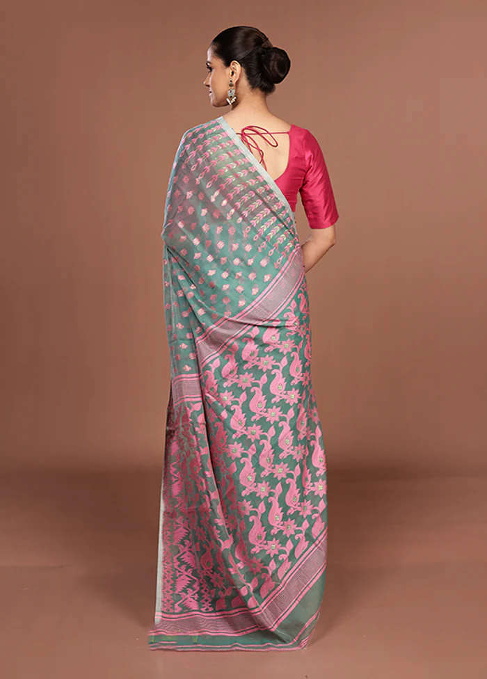 Blue Jamdani Cotton Saree Without Blouse Piece - Image 3