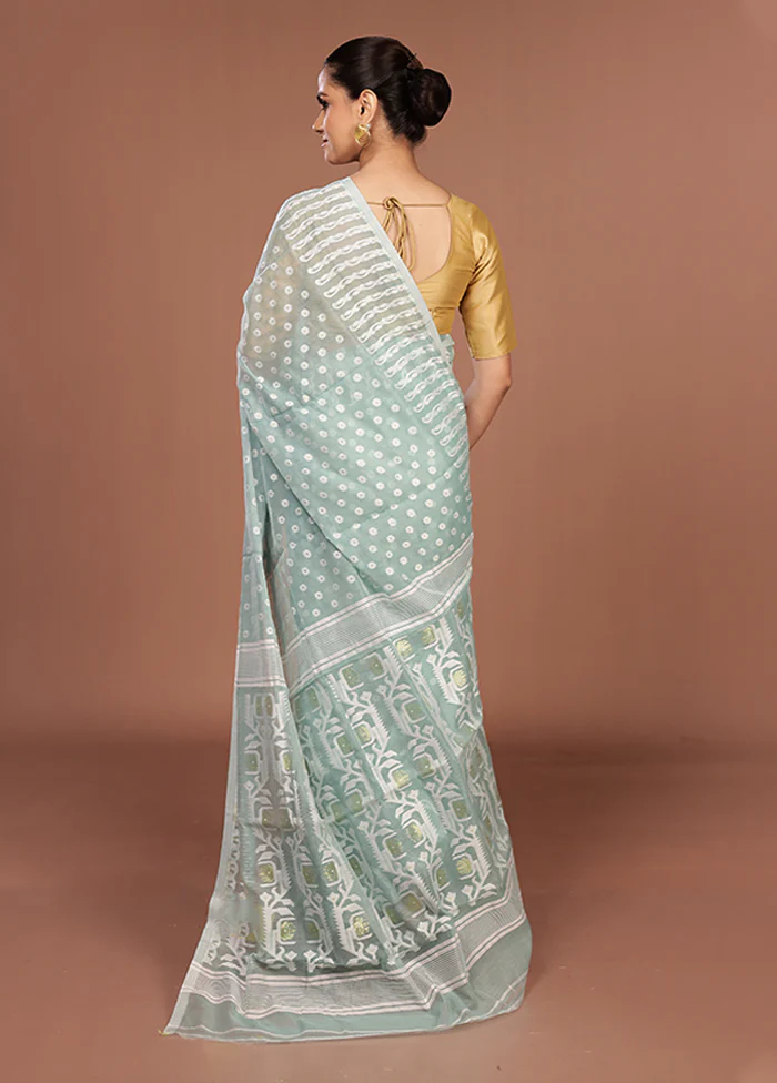 Blue Jamdani Cotton Saree Without Blouse Piece - Image 3