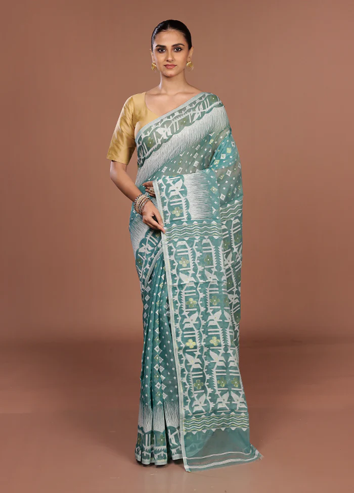 Blue Jamdani Cotton Saree Without Blouse Piece - Image 2