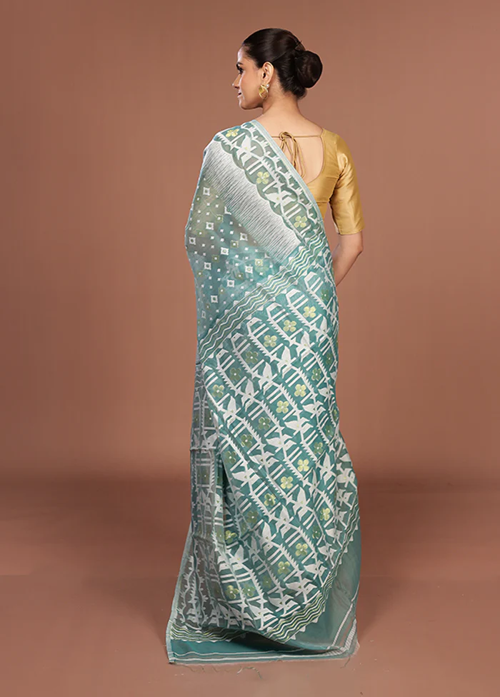 Blue Jamdani Cotton Saree Without Blouse Piece - Image 3