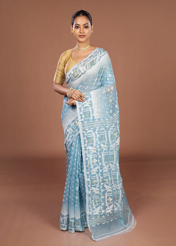 Blue Jamdani Cotton Saree Without Blouse Piece - Image 2