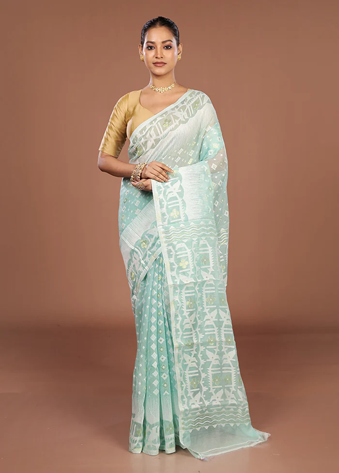Blue Jamdani Cotton Saree Without Blouse Piece - Image 2