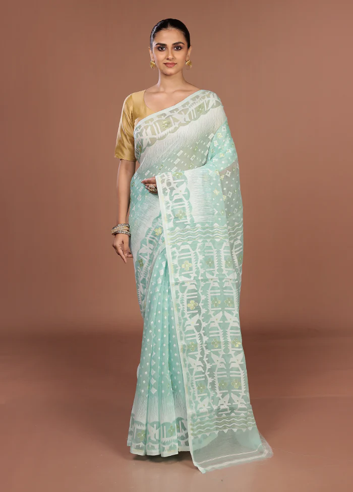 Blue Jamdani Cotton Saree Without Blouse Piece - Image 2