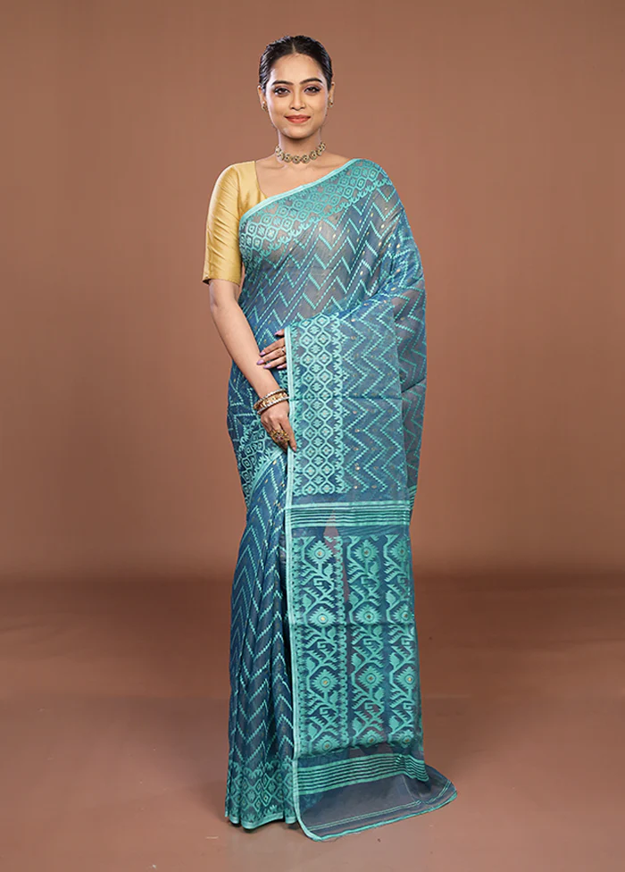Blue Jamdani Cotton Saree Without Blouse Piece - Image 2
