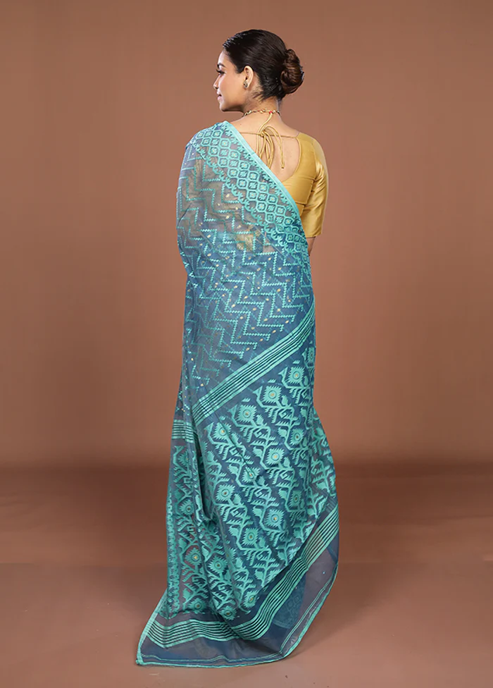 Blue Jamdani Cotton Saree Without Blouse Piece - Image 3