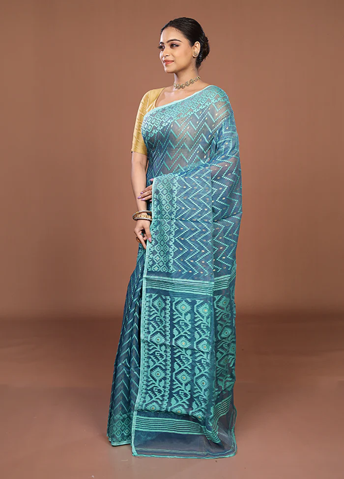 Blue Jamdani Cotton Saree Without Blouse Piece - Image 4